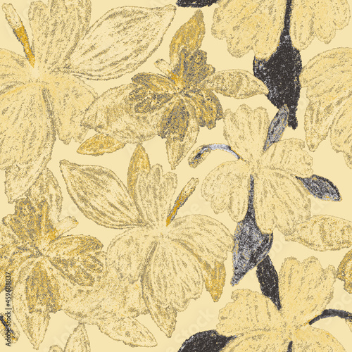 Creative seamless pattern with abstract flowers drawn with wax crayons. Brigh...