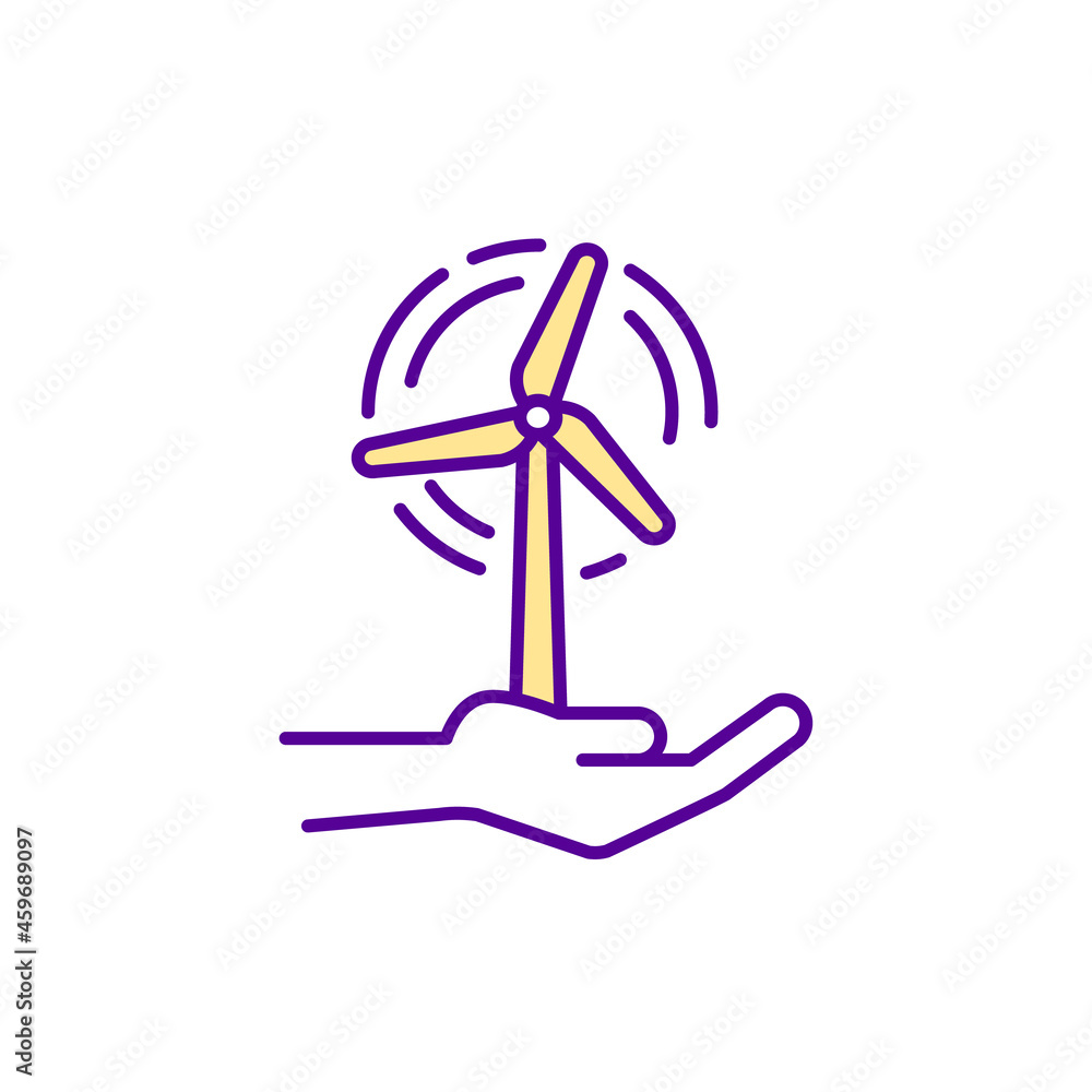 Wind power generation RGB color icon. Converting wind energy into electricity. Renewable resource. Preventing environmental damage. Isolated vector illustration. Simple filled line drawing Wind power generation RGB color icon. Converting wind energy into electricity. Renewable resource. Preventing environmental damage. Isolated vector illustration. Simple filled line drawing