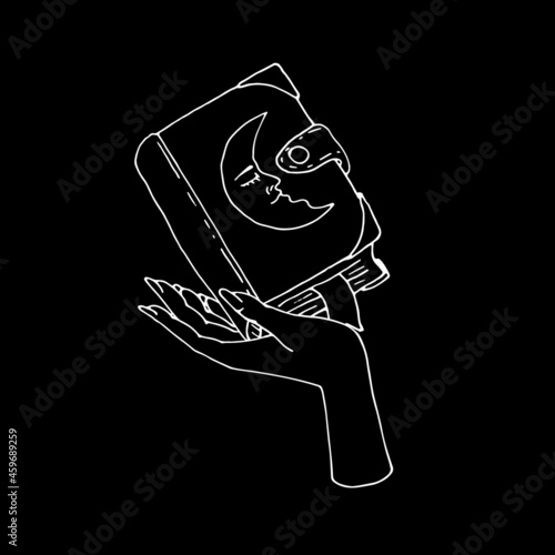 Vintage Mystic Spell Book with half moon with human face on cover in female hand Illustration