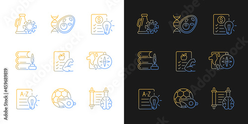 Various school subjects gradient icons set for dark and light mode. Health course in school. Thin line contour symbols bundle. Isolated vector outline illustrations collection on black and white