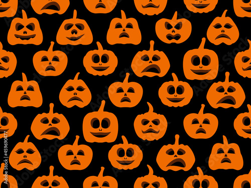 Halloween pumpkins with scary faces on a black background. Evil pumpkins seamless pattern. Jack-o lantern for wrapping paper, banners and advertising materials. Vector illustration