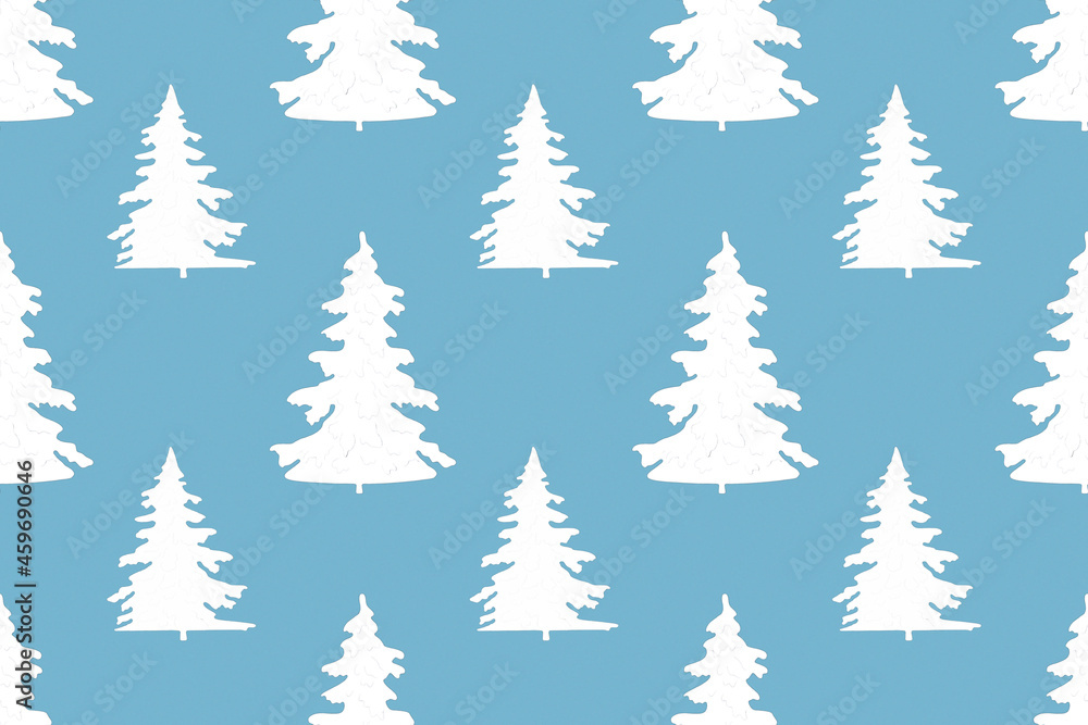 Seamless New Year's and Christmas pattern from two types white Christmas tree (spruce) on blue background