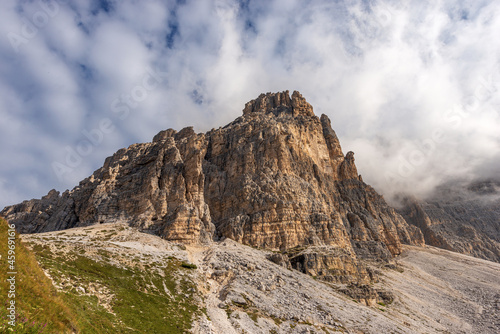 South face of three peaks of Lavaredo (Drei Zinnen or Tre Cime di Lavaredo), famous mountain peaks of the Sesto Dolomites, UNESCO world heritage site, Trentino-Alto Adige and Veneto, Italy, Europe.