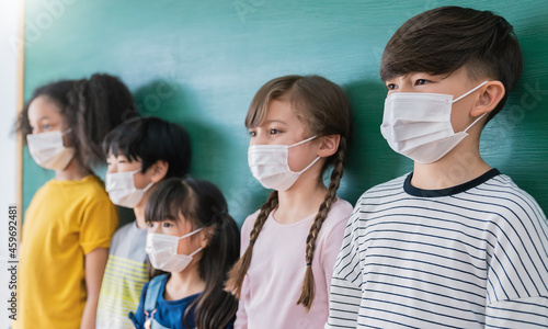 Portrait of group of international school students wearing face mask, self-protection from corona virus pandemic lock down. New normal children lifestyle, back to school banner