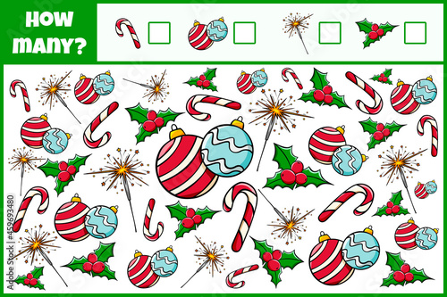 Educational mathematical game. Count the objects. Count how many objects. Counting game for children.