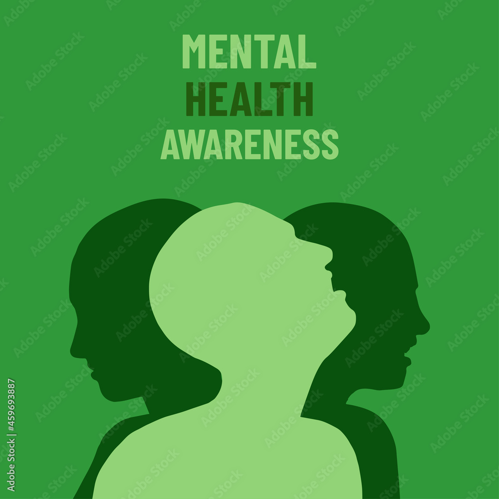 Mental Health Awareness. Poster with different people on green background