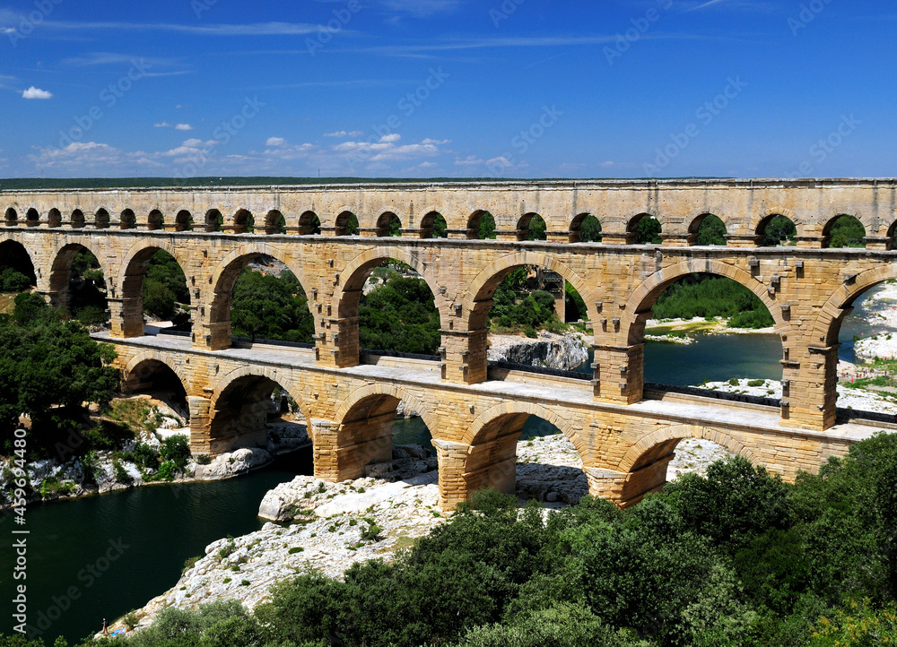 Famous Ancient Roman Bridge Pont Du Gard France On A Beautiful Summer Day With A Clear Blue Sky
