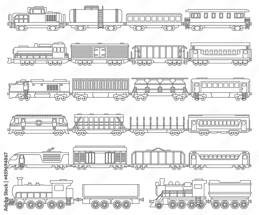 Locomotive with wagon isolated outline set icon. Vector outline set icon railway train. Vector illustration locomotive on white background.
