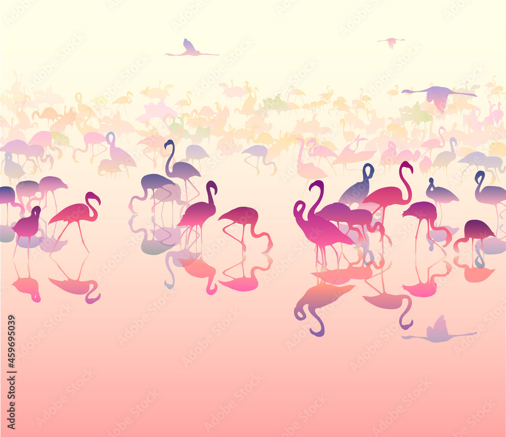 Vector natural background with flamingos. Pink tones 