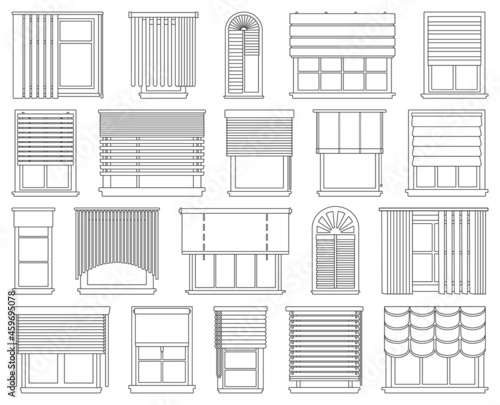 Window blind vector outline icon set . Collection vector illustration on jalousie house white background. Isolated outline illustration icon set of window blind for web design.