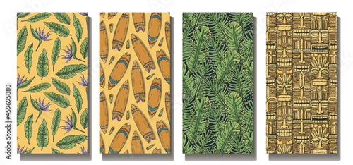 Tropical surfing patterns with exotic plants and tiki mask. Palm leaf for summer background. Surf set of seamless patterns for hawaii beach party