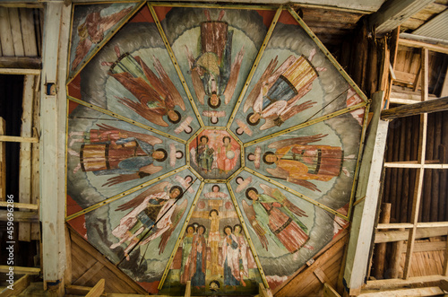 July, 2021 - Zherebtsova Mountain. Icon in the temple. Painted ceiling in the temple. Russia, Arkhangelsk region  photo