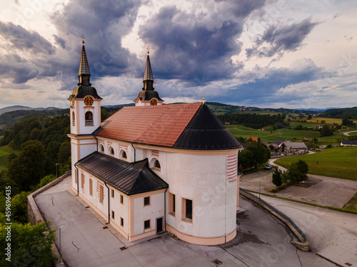 Orthodox Church of Saint Mohorja in Fortunata in Zuzumberk ( Seisenberk ) Slovenia. Drone View photo