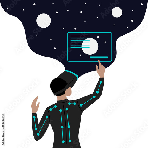 Metaverse concept art. Man in Virtual glasses and VR suit in Metaverse. Vector.