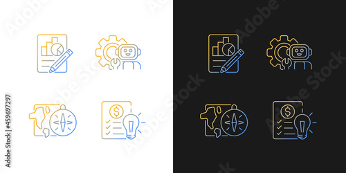 Diversity of school subjects gradient icons set for dark and light mode. Geography lessons. Thin line contour symbols bundle. Isolated vector outline illustrations collection on black and white photo