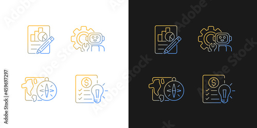 Diversity of school subjects gradient icons set for dark and light mode. Geography lessons. Thin line contour symbols bundle. Isolated vector outline illustrations collection on black and white