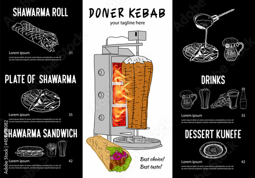 Shawarma cooking and ingredients for kebab. Doner kebab hand drawn. Fast food menu design elements. Restaurant cafe menu, template design. Food flyer. Vector.