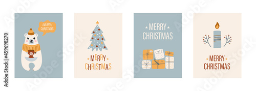 Christmas greeting cards with gift boxes, christmas tree, cute polar bear, candle and plants. Modern vector illustration