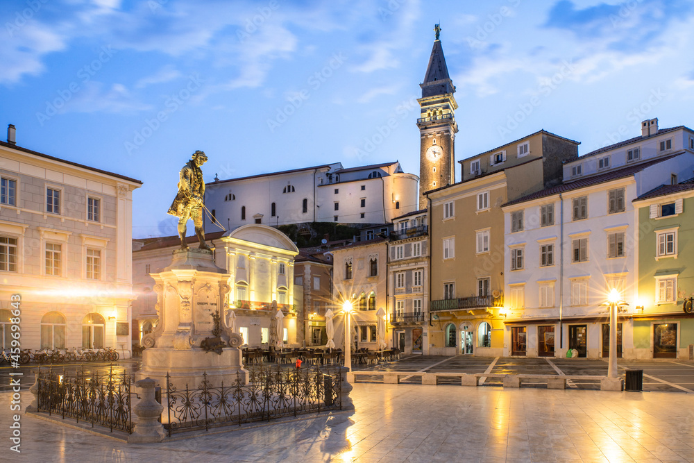 Piran Town in Slovenia with Tartini Square at Twilight