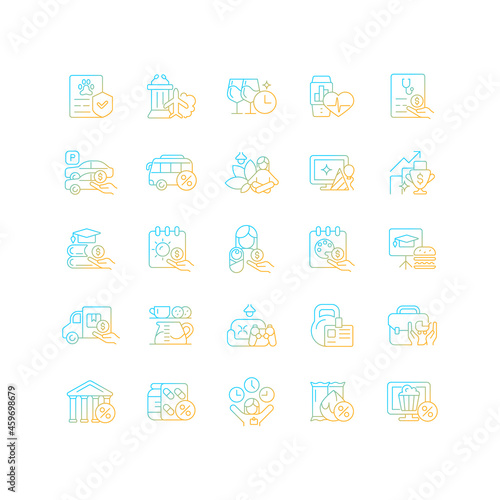 Employee perks and bonuses gradient linear vector icons set. Workplace benefits. Enhancing worker experience. Thin line contour symbols bundle. Isolated outline illustrations collection