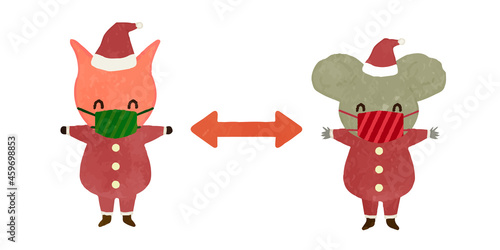 Social distance of pigs and koalas dressed as Santa