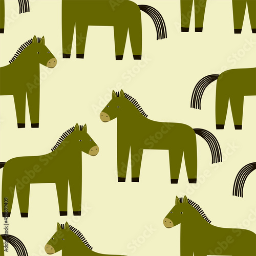 Cute and stylish seamless pattern with  green horses on white background. Funny childish vector cartoon background for dresses,textiles, wallpapers, designer paper, etc