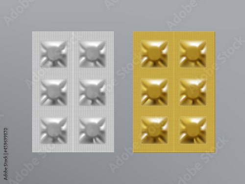 Realistic Silver And Golden Drugs Pack On Gray