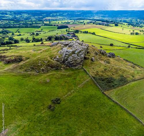 An aerial view looking south over Armscliffe Crag and the Lower Wharfe Valley in Yorkshire, UK in summertime photo
