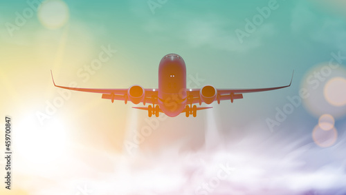 Takeoff Plane In Cloudy Sky On The Sunset