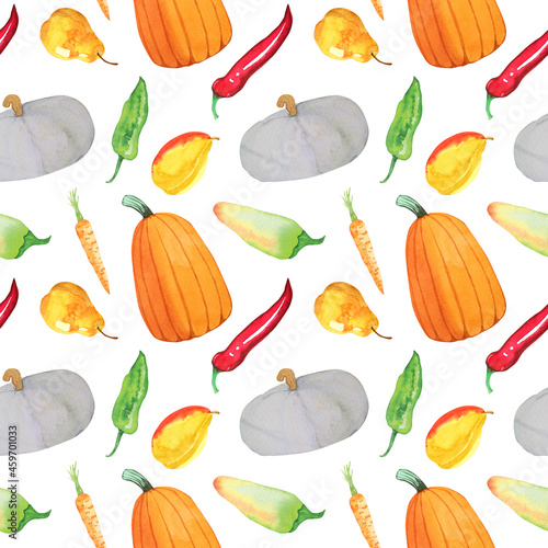 Hand drawn watercolor seamless pattern with autumn harvest on white background. The culinary print with pumpkin, pepper and pears is suitable for menus, cookbooks, food packaging.