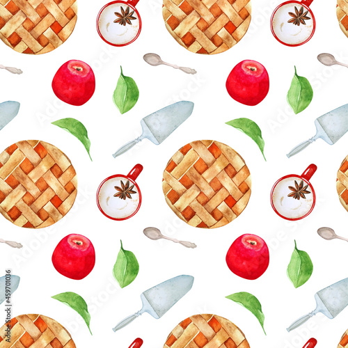 Watercolor seamless pattern with autumn pastries and a hot drink on a white background. Culinary pattern with different elements: apple pie, pie spatula, vintage teaspoon, apples, spiced coffee, leave