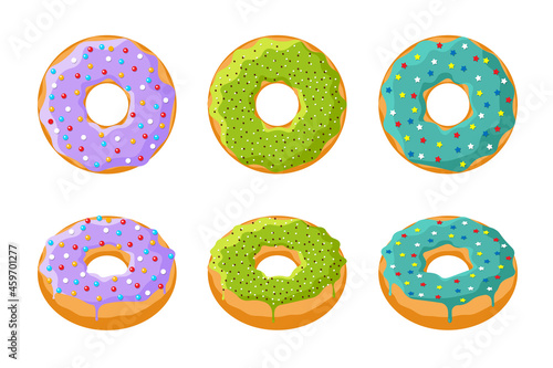 Colorful tasty donut set isolated on white background. Glazed doughnuts top view and 3d collection for cafe decoration or menu design. Sweet baked rings. Vector flat eps illustration