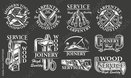 Set of vintage carpentry badges for dark background. Vector
