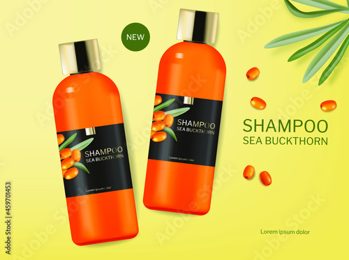 Shampoo conditioner with sea buckthorn vector realistic. Product placement mo...