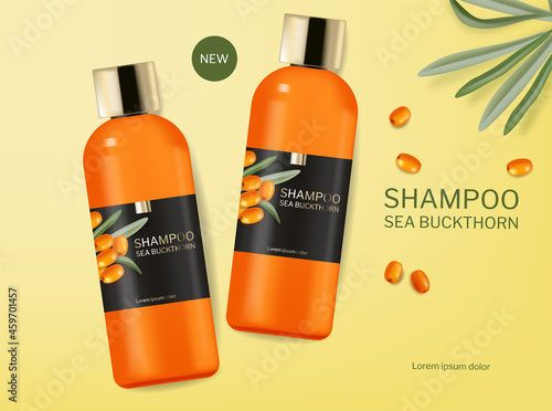 Shampoo conditioner with sea buckthorn vector realistic. Product placement mo...