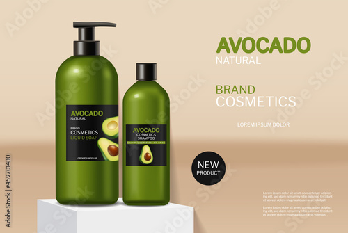 Avocado natural oil shampoo and soap vector realistic. Product placement mock up