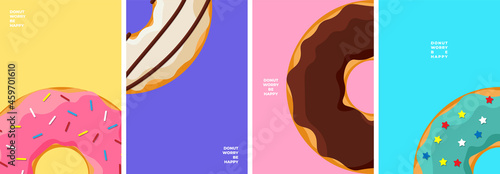 Photo Colorful tasty donut poster design template set