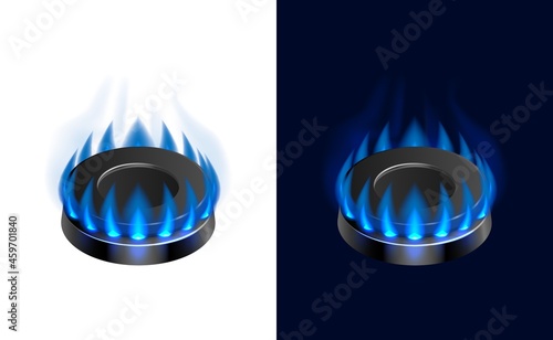 The blue flame of a burning gas burner. Vector illustration of a realistic gas burner located on a light and dark background. A sketch for use in creativity.