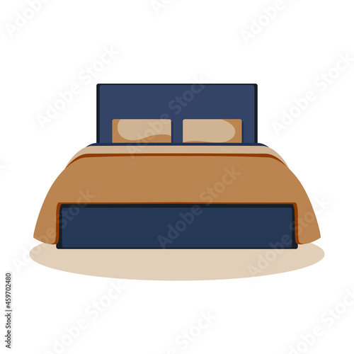 Вouble bed with begei sheet, pillows and duvet top view. Vector realistic mockup of blank linen on beds, furniture for sleep isolated on white background