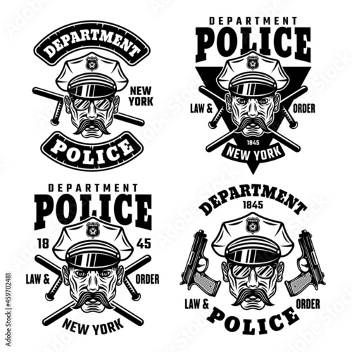 Police department set of vector emblems, badges, labels or t-shirt prints with policeman in hat isolated on white background