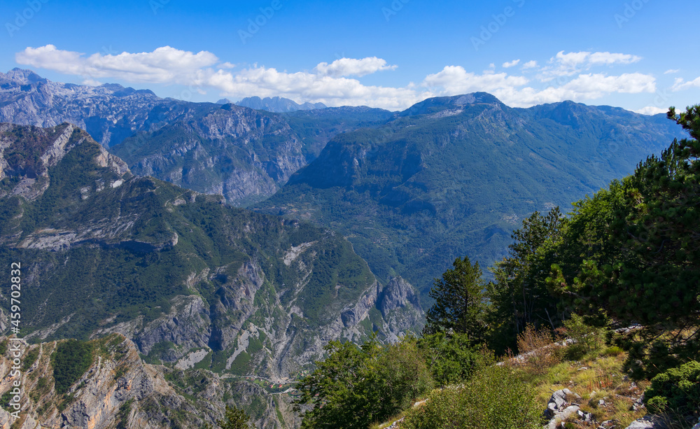 A breathtaking panoramic view of the Grlo Sokolovo gorge in Montenegro with the canyon of the Cijevna River on the border with Albania