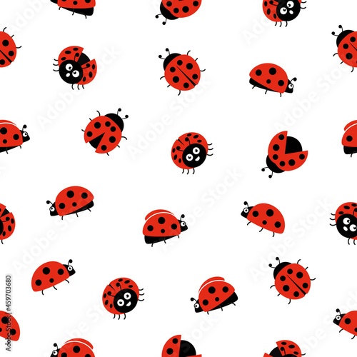 Ladybugs cute characters seamless pattern. Ladybirds insects flying with open wings and big eyes. Vector isolated on white