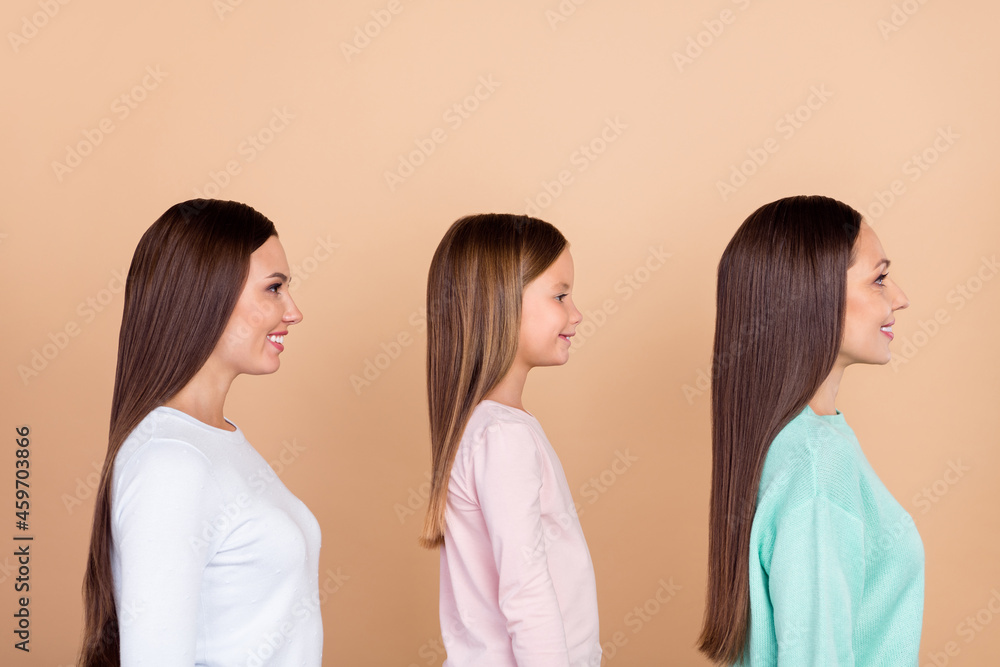 Profile side view portrait of three attractive cheerful brown-haired girls isolated over beige pastel color background Profile side view portrait of three attractive cheerful brown-haired girls isolated over beige pastel color background
