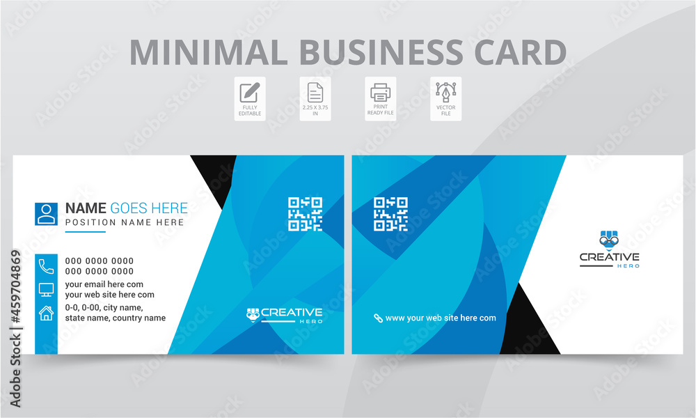 Double sided landscape creative business card layout print templates. Modern clean personal use visiting cards or name cards horizontal design.