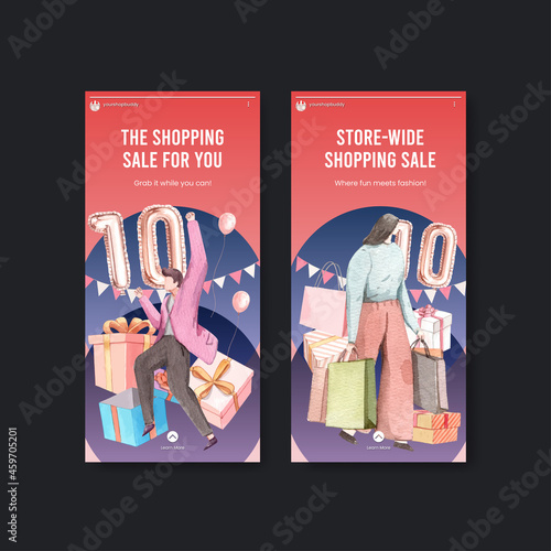 Instagram template with shopping sale concept,watercolor style