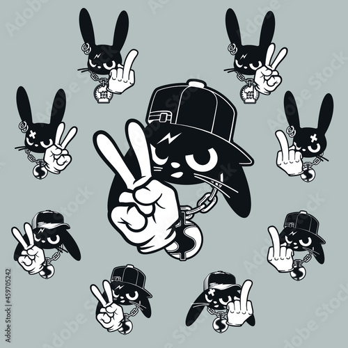 Eight characters of hooligan rabbits. An emotional rabbit. Design for stickers with a rabbit