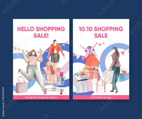 Poster template with shopping sale concept,watercolor style
