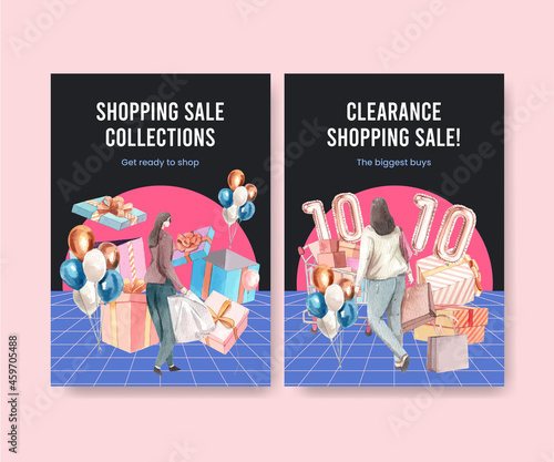 Poster template with shopping sale concept,watercolor style