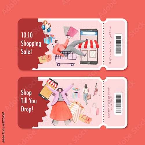 Voucher template with shopping sale concept,watercolor style