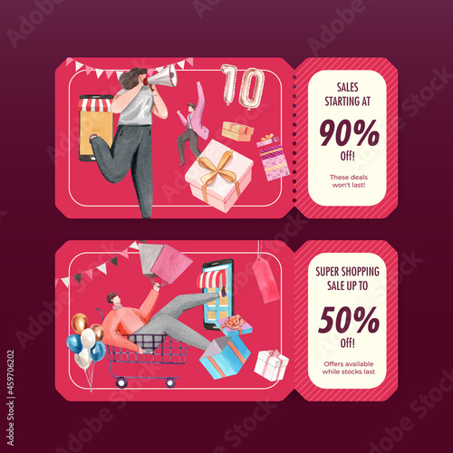 Voucher template with shopping sale concept,watercolor style